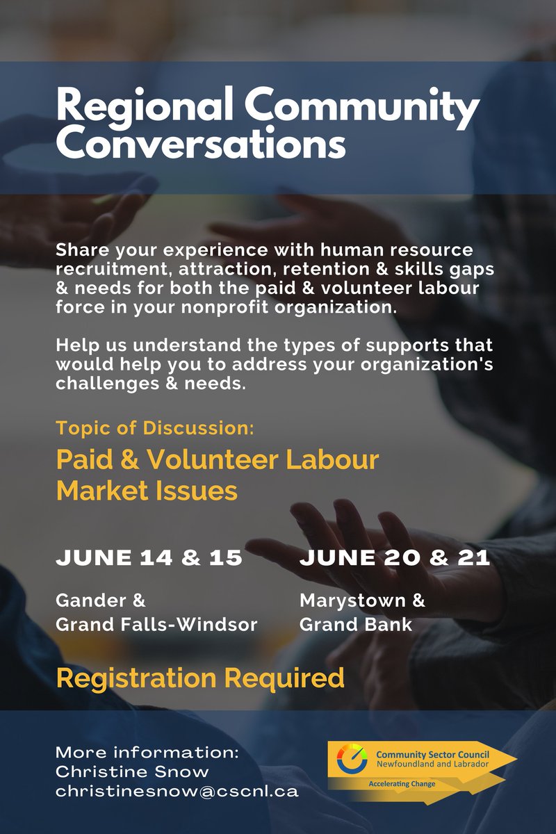 📢 Join CSCNL for Regional Community Conversations in June! Are you passionate about HR and skills development in your region? Want to share your story and experiences? Join us for upcoming community conversations in Marystown, Grand Bank, Gander, and GFW! communitysector.nl.ca/rcc_june