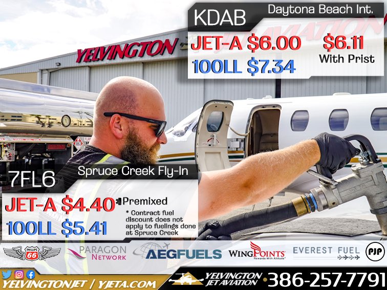 Keep up to date with our latest fuel price.
Call us with any questions about fuel contracts and discounts.
386-257-7791 •YJETA.COM
#yelvingtonjetaviation #jetfuel #avgas
#7f6 #fuelprice #fuelprices
#CustomerService #Aviation #kdab
#FBO #techstop