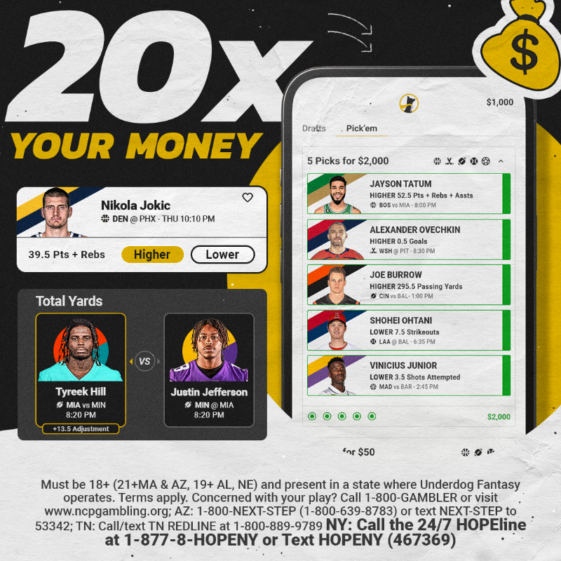 Underdog's tweet photo. Pick, play, win 💰, see for yourself why fans love us ❤️