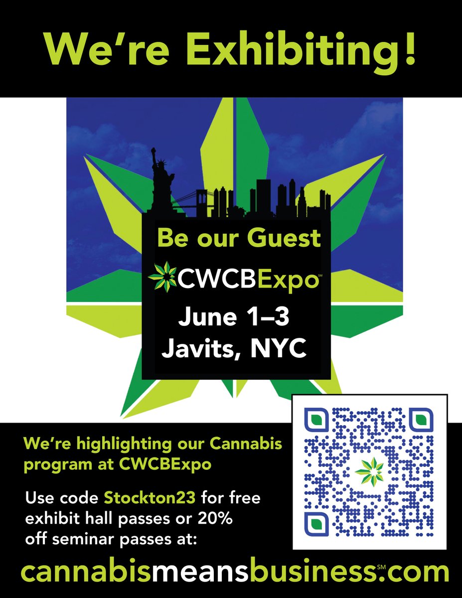 To attend the CWCBE show in NYC later this week (June 1-3) for FREE use the Stockton University code below. We'll be in the education area with 13 other cannabis education entities. #CannabisEducation #CannabisTradeshow #NYCannabis #NJCannabis #StocktonUniversityCannabisStudies