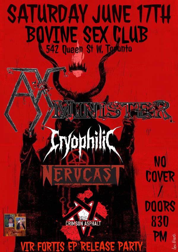 We are excited to announce our vir fortis EP release show!
Thank you to  <a href="/CrimsonAsphalt/">Crimson Asphalt</a>  <a href="/nervcast/">Nervcast</a> and <a href="/Cryophilicmetal/">Cryophilic</a> for joining us! 
This will be an amazing show! 🤘

#live #metal #cdrelease #toronto #bovinesexclub #music #show