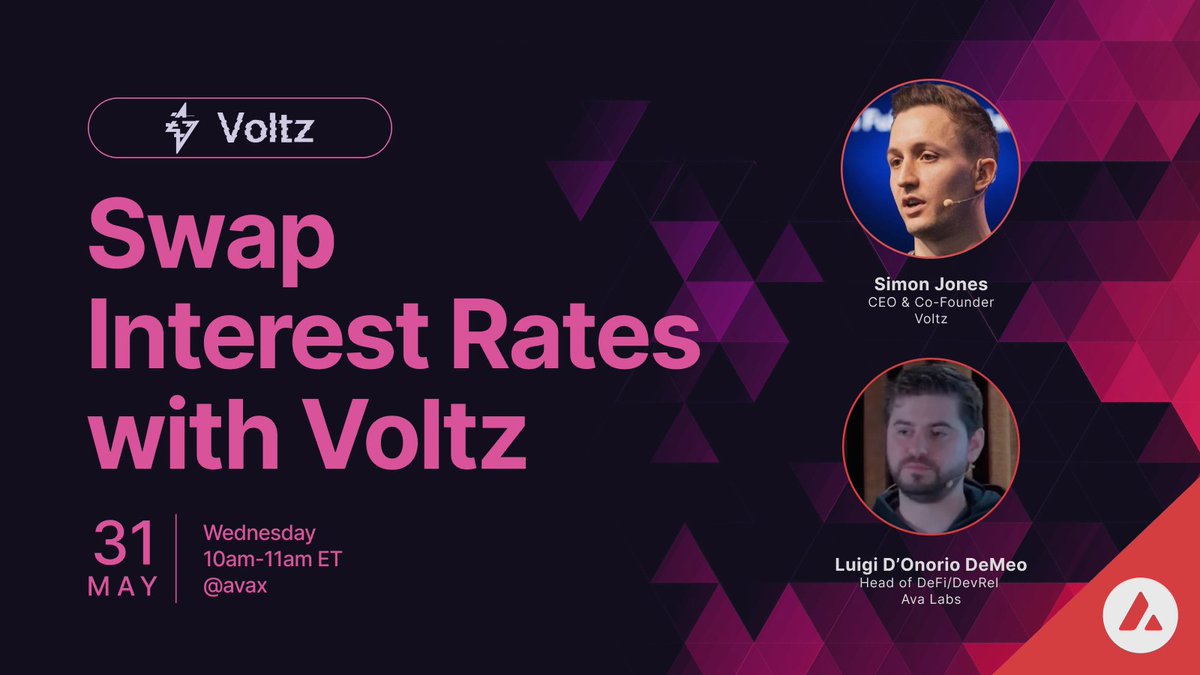 Tomorrow Avalanche welcomes @voltz_xyz to a TW Spaces Q&A to dive into interest rate swaps, the new SOFR product they recently launched, and why they #ChoseAvalanche to help bring more TradFi products on-chain.

📆 Wed., May 31st
⏰ 10-11am ET
🔗 twitter.com/i/spaces/1MYxN…