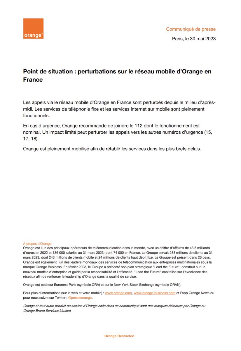 Perturbations sur le réseau mobile d’<a href="/orange/">Orange</a> : en liaison avec les équipes depuis le début de l’après-midi. Les services d’urgence restent joignables que ce soit via un fixe ou un mobile en composant le 112.