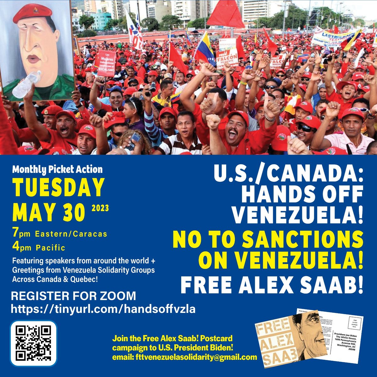 Tues. May 30 #HandsOffVenezuela #FreeAlexSaab online picket action! Feat. @camilapress of @KawsachunNews, Milanyela Fermin & Wilmer Armando Depablos of @FreeAlexSaabOrg, @salakokayode7 from Nigeria + more!
Register: tinyurl.com/handsoffvzla #vanpoli #cdnpoli #Venezuela