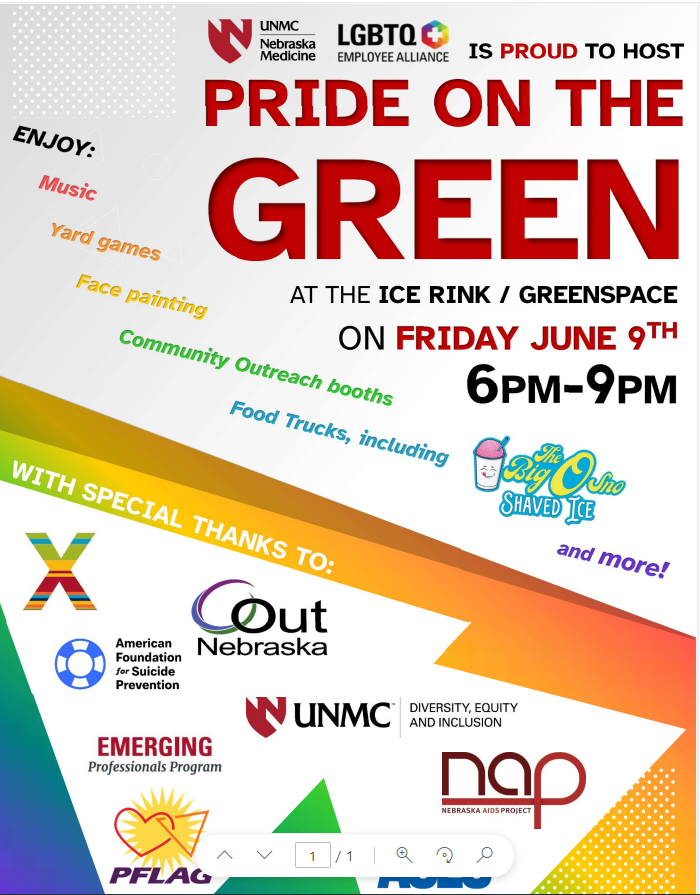 Pride on the Green
The UNMC/Nebraska Medicine LGBTQ+ Employee Alliance ERG is hosting Pride on the Green at the Ruth and Bill Scot Student Plaza
Friday June 9th from 6pm-9pm
Enjoy music, yard games, face painting, community outreach, food trucks and more!
 <a href="/unmc/">University of Nebraska Medical Center</a> <a href="/NebraskaMed/">Nebraska Medicine</a>