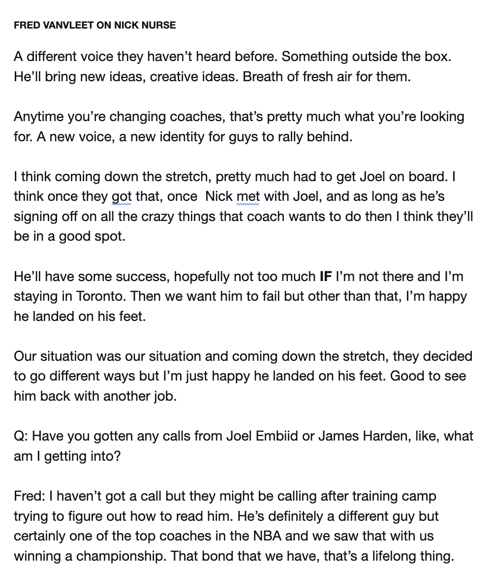 Amit_Mann's tweet photo. Fred VanVleet joined @Stadium and was asked for his reaction to Nick Nurse getting hired by the 76ers and Adrian Griffin becoming the head coach of the Bucks. https://t.co/ESo37AK6ep