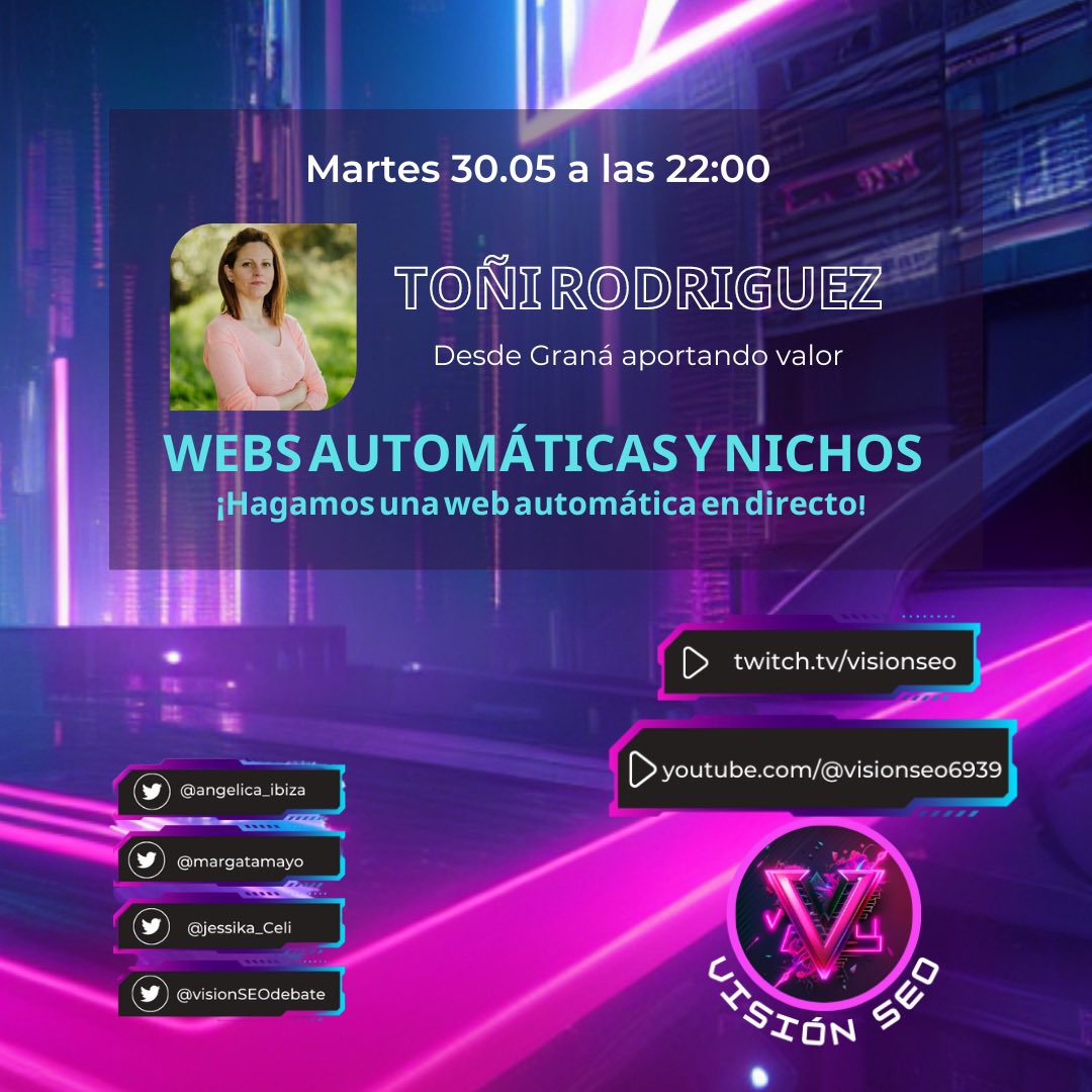 <a href="/Jessika_Celi/">Jessica Celiméndiz | JC digital</a> <a href="/margatamayo/">Com.MargaTamayo</a> y <a href="/angelica_ibiza/">Angelica Ramirez Ibiza</a> están muy nerviosas. Nunca en la historia de #visionSEO una invitada había traído tantos regalitos… 
<a href="/to_navas/">Toñi Rodriguez Navas ☺️</a> viene cargada con masterclass y regalos! 

¡Nos vemos en 50min!