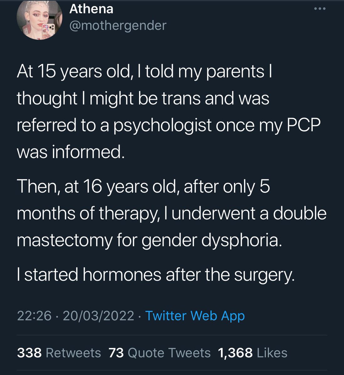 PistOffCreative's tweet image. You deleted it because you got ratioed to fuck and because people are sick of this harmful reality denying BS, especially when supported in such sanctimonious self righteousness.

It's also ironic you mention autism, as it's mostly autistic girls sucked into this cult.