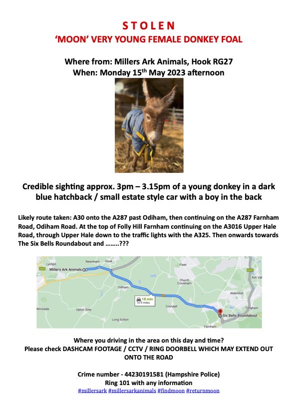 Moon has been missing for two weeks now. Someone knows where she is. Someone knows who has her. Moon needs her mother. Separating a baby from its mother is an act of cruelty towards both of them. Moon must be returned, no ifs, no buts #FindMoon #Donkey #Stolen #Hook