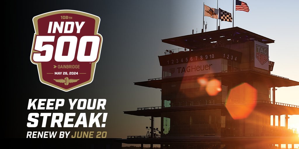 RT if you're keeping your #Indy500 streak and renewing your tickets for the 108th #Indy500!

See you at the 108th Running on May 26, 2024 😏

🎟 >>> IMS.com/Renew

#INDYCAR | #ThisIsMay