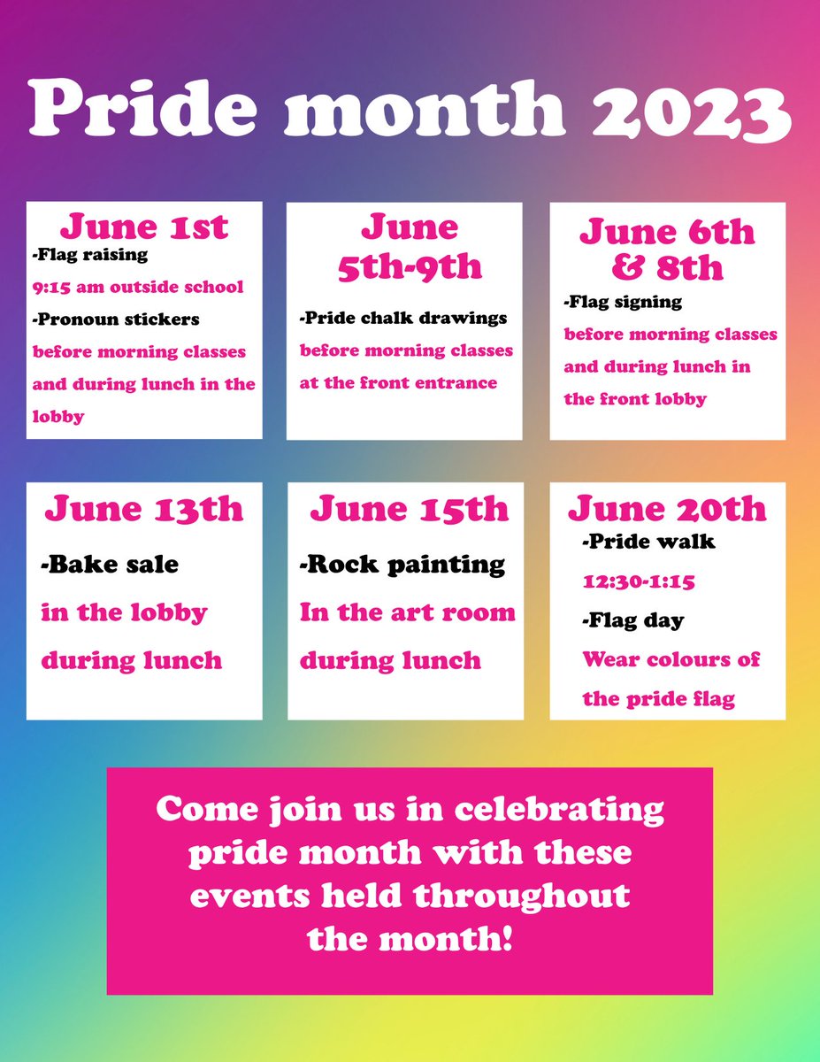 cbrh's tweet photo. The GSA has some exciting events planned for Pride Month!  All students, staff and the CBRH community are invited to join in on the celebrations! #pridemonth2023 @NLESDCA @SISNLESD https://t.co/WmB5afFDd0