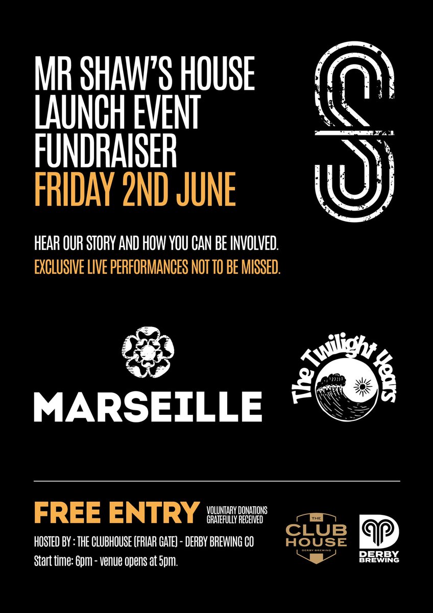 Fund Raiser Event this Friday 
🚨It’s Free to attend. 

Live performances from @marseilleband  and @TTYearsOfficial 🎶🤩🖤👌🏼

Starts at 6pm 

#supportlocal #sadlergate #family #derbylove #lovederby #smallbiz 

@DerbyBrewingCo