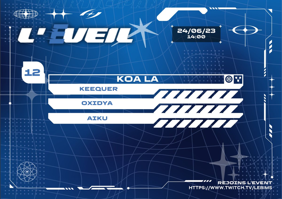 Incroyable je suis invitée à participer au tournoi de l'Eveil organisé par <a href="/LeBims/">LeBims</a>  et j'ai la chance d'être entourée des grands <a href="/AikuLive/">Aiku</a> et <a href="/keeequer/">Keequer</a> c'est le 24 juin à 14h ici : twitch.tv/lebims et pour ma PoV ça se passe ici : twitch.tv/oxidya_ go tout donner !!