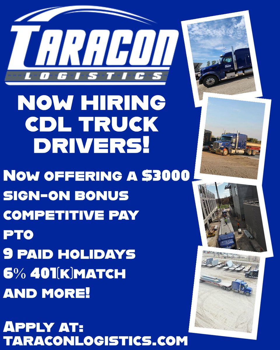 🌐 Apply now at taraconlogistics.com and be a part of our growing team!

#NowHiring #TruckDriversWanted #CDL #TaraconLogistics #JoinOurTeam #trucking #drivers #CDLjobs