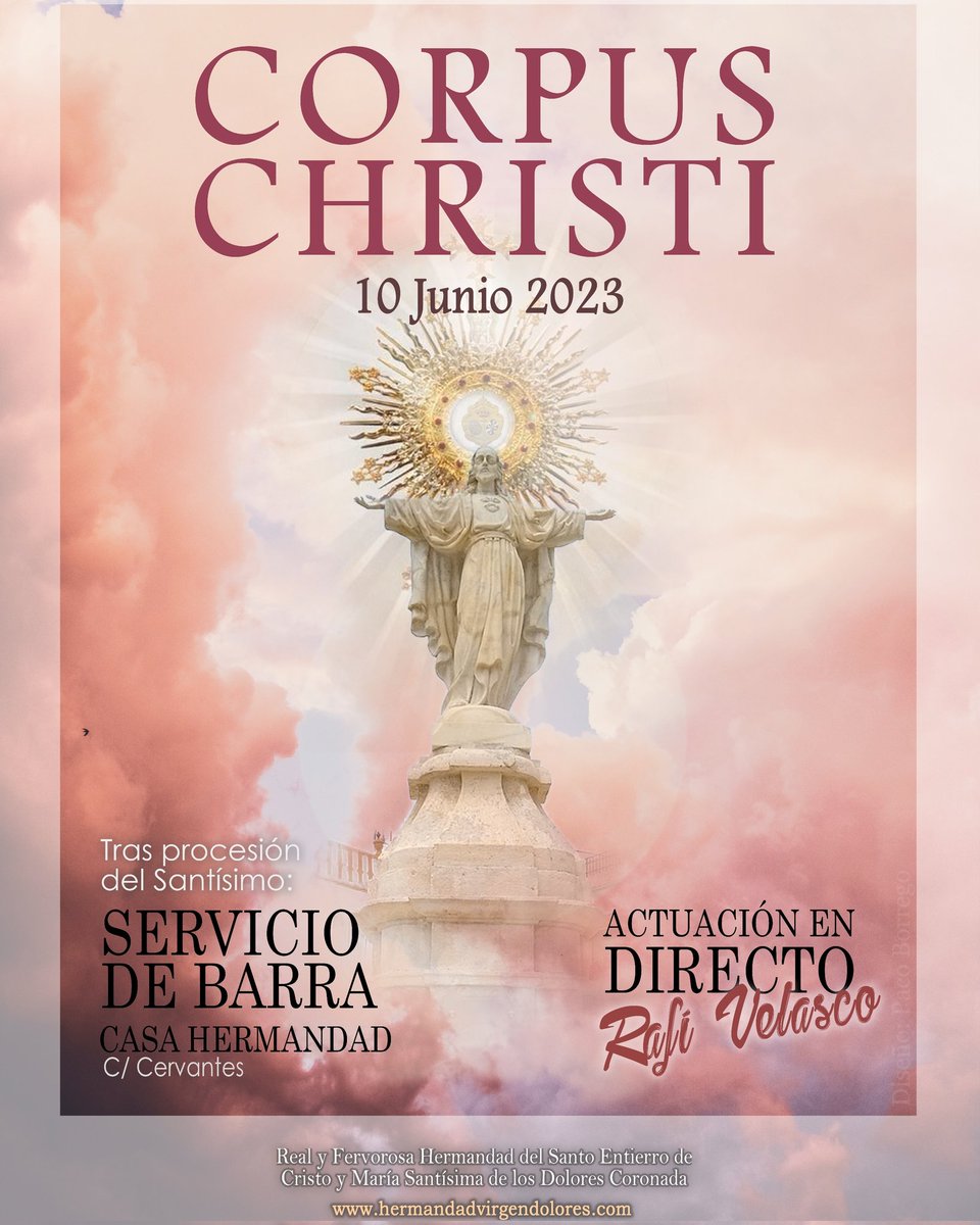 VDoloresRoda's tweet photo. Un año más, ¡vuelve nuestra tradicional verbena para celebrar la festividad del Corpus Christi!

El próximo sábado,10 de junio, tras la finalización de la Santa Misa y procesión de la Sagrada Custodia por las calles de La Roda, se abrirán las puertas de nuestra Casa de Hermandad. https://t.co/RibFIOKn8b