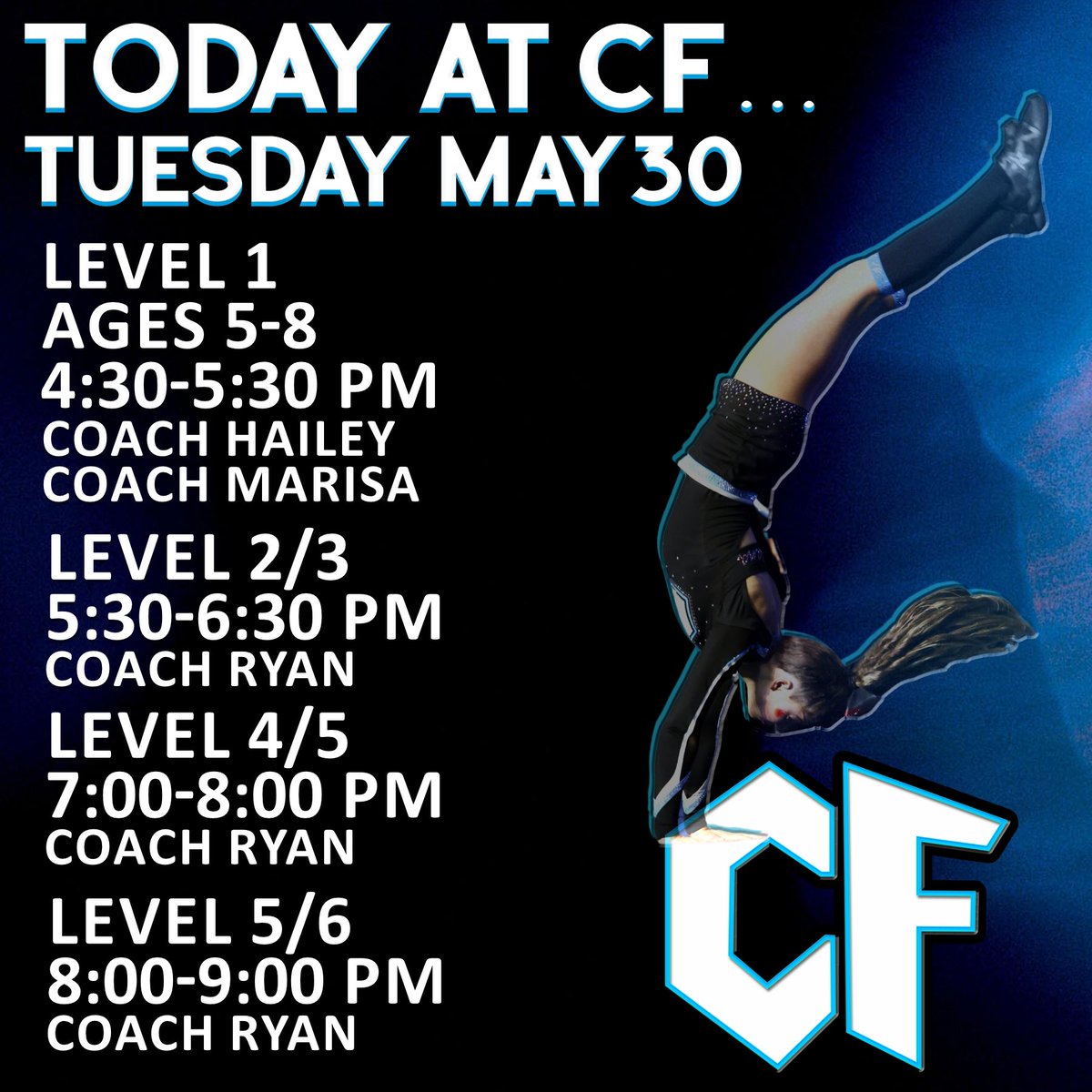 Tumbling classes today at CF 💙💙💙
*Remember no need to sign up, just come!  Pay $10 to your instructor upon arrival 💙💙