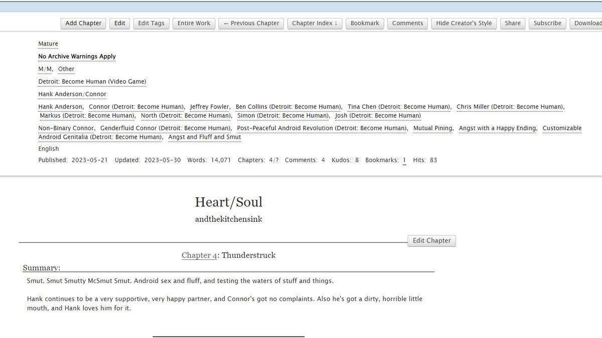 TA DA! Heart/Soul chapter 4 is LIVE! #HankCon #DBH smut smutty mcsmut smutterson says it's a very smutty chapter. Enjoy, and please lemme know what you think!
 archiveofourown.org/works/47329888…