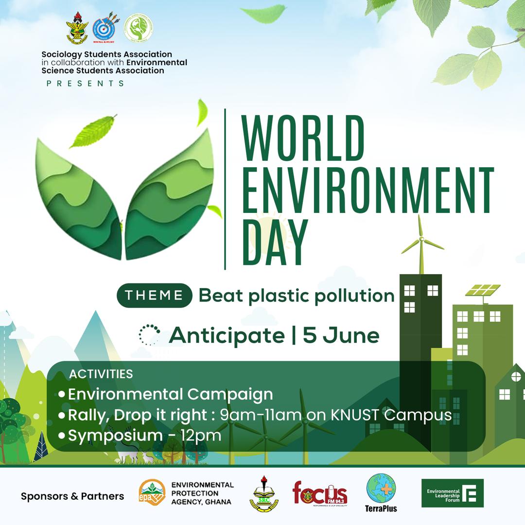 EnssaKnust's tweet photo. 🌍🌱👥 WORLD ENVIRONMENT DAY
On June 5th, the Environmental Science and Sociology Students Associations are hosting a World Environment Day celebration🎉  themed "Beat Plastic Pollution," 
 aimed at taking actions towards a sustainable future. 
Anticipate!!!! https://t.co/XlhM0n3XMQ