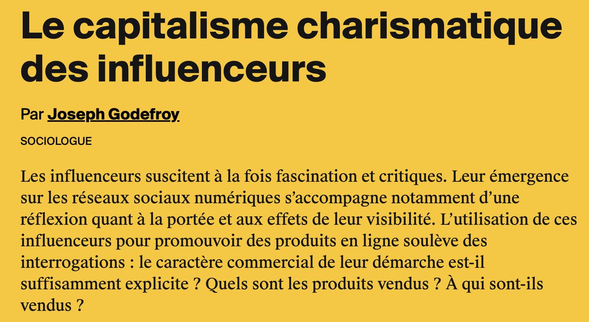 La Rasbaille 🇱🇧🌈 (@la_rasbaille) on Twitter photo "Le capitalisme charismatique des influenceurs" : un article de <a href="/JosephGodefroy/">Joseph Godefroy</a>, nouveau docteur, brillant scientifique, le plus doux et le plus gentil des collègues sociologues. Bref, lisez-le et recrutez-le.
aoc.media/analyse/2023/0… "Le capitalisme charismatique des influenceurs" : un article de <a href="/JosephGodefroy/">Joseph Godefroy</a>, nouveau docteur, brillant scientifique, le plus doux et le plus gentil des collègues sociologues. Bref, lisez-le et recrutez-le.
aoc.media/analyse/2023/0…
