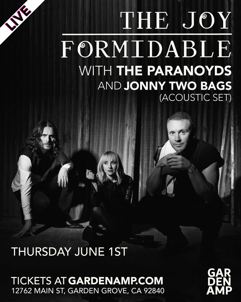 THE JOY FORMIDABLE W/ THE PARANOYDS Just Added!⚡ JONNY TWO BAGS Acoustic Set Live in Orange County | CA This Thu June 1, 2023 📅 GET TIX-> gardenamp.com/feature/121547… @joyformidable @theparanoyds911 @JonnyTwoBags
