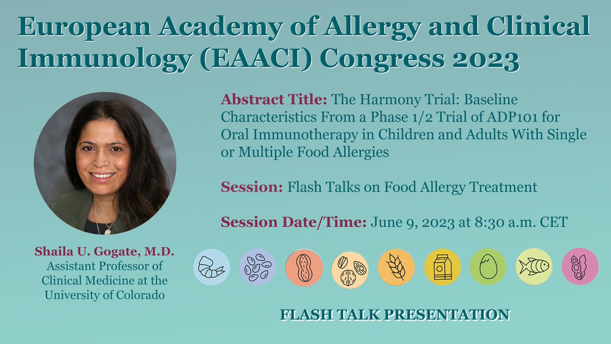 Tomorrow morning, Dr. Shaila Gogate from <a href="/ColoradoAllergy/">Colorado Allergy & Asthma Centers - Denver</a> and <a href="/CUMedicalSchool/">CU School of Medicine</a> will give a flash talk on baseline characteristics from Alladapt’s Phase 1/2 Harmony Trial. #EAACI2023. More details here: eaaci.org/events_congres…