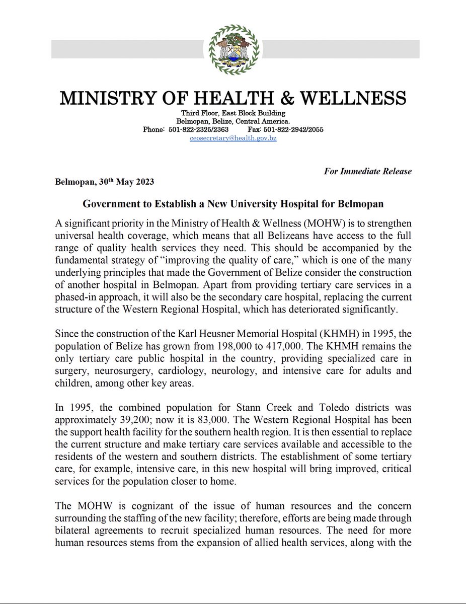 MOHWBelize's tweet photo. Government to Establish a New University Hospital for Belmopan. https://t.co/4nTOlnlmIq