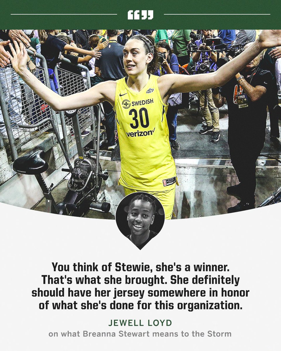 Jewell Loyd thinks Stewie's jersey deserves a place in Climate Pledge Arena for what she did for the Seattle Storm 💛💚