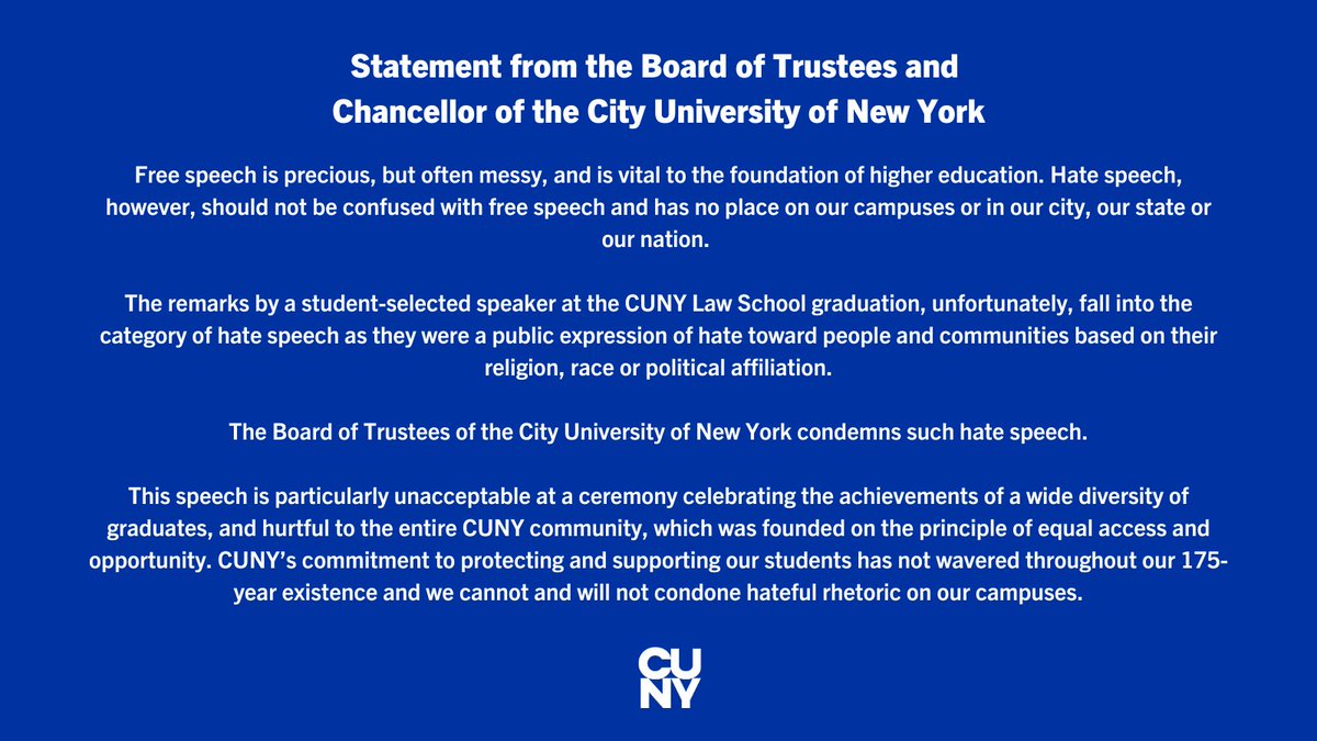 Please read the full statement from the CUNY Board of Trustees and @ChancellorCUNY. ow.ly/B4Z850OA6Fj