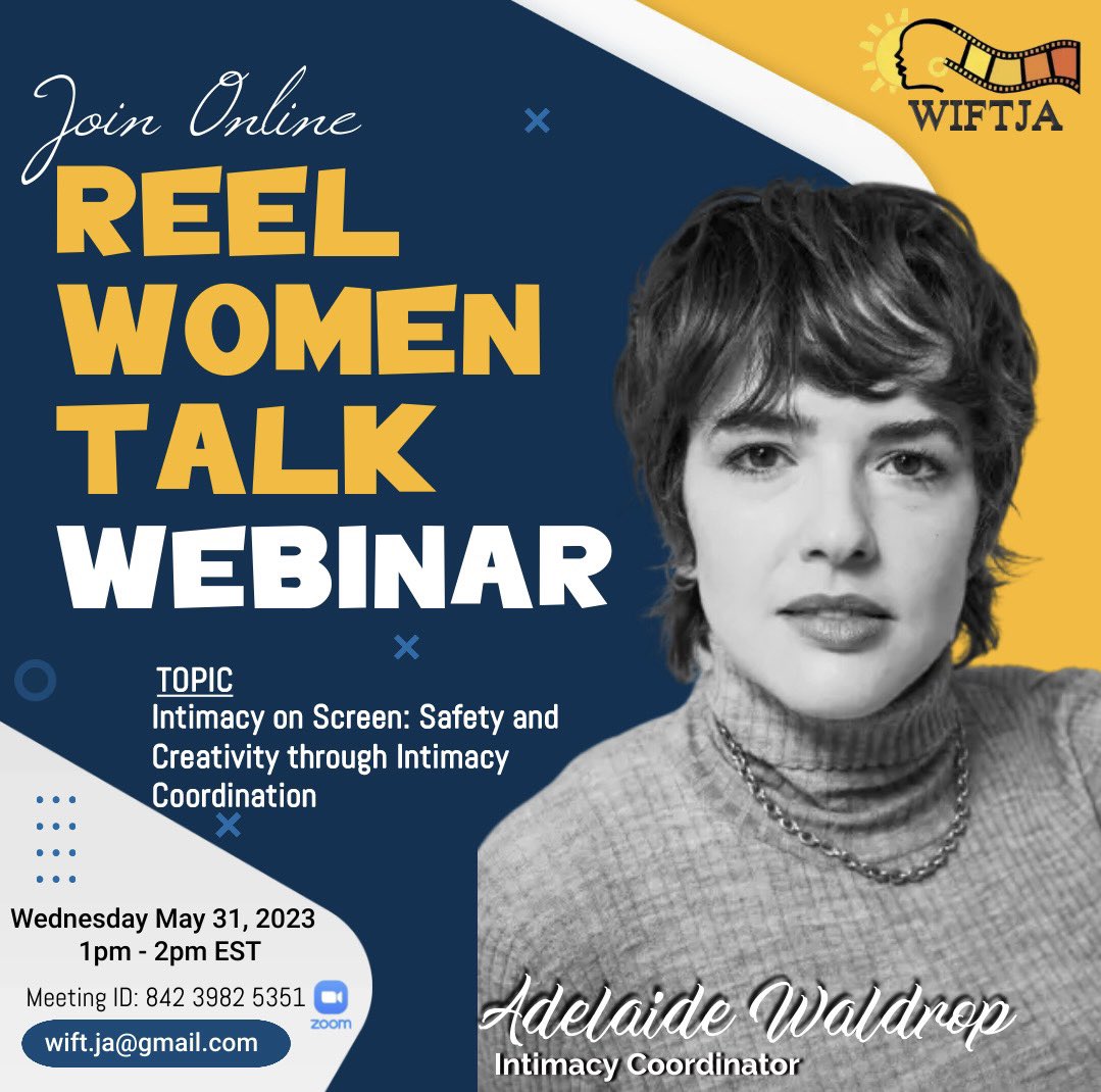 Intimacy Coordination plays a significant role in today’s film and television industry.  Join us online on May 31, 2023 1pm (Ja. Time) when we speak to Adelaide Waldrop- Intimacy Coordinator. 

Click the link the join
lnkd.in/eDYqe_F8