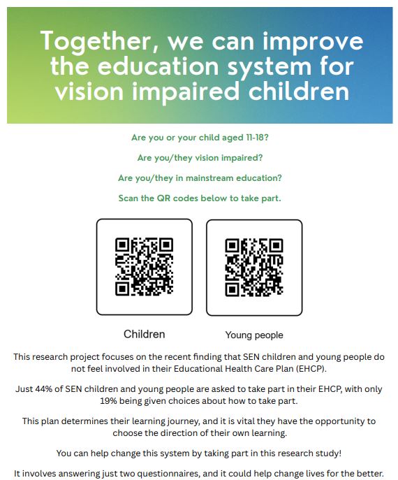 Recruiting children and young people with #VisionImpairment and #Blindness aged 11-18. Details below. 
@LOOK_UK
@HabVIUK_org_uk
@CIE_IOE
@ScottishSensory
@ClareRSanders8
@MobilityMort
@NancyMoodie
@JonCBHD
@EyeCharity
@MKitzingerTrust
@kamenopoulou