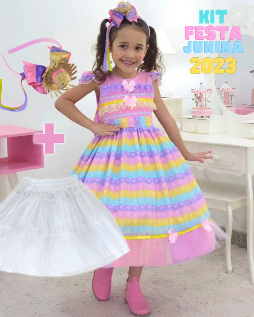 Kit Vestido xadrez - Festa Junina + saia filó + tiara para cabelo