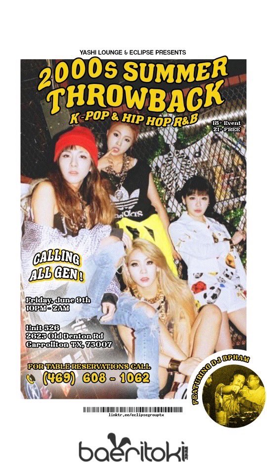 baeritoki's tweet image. Coming in hot!

Join us on Friday, June 9th at YASHI Lounge for an incredible 2000s K-pop summer throwback event, where I’ll be playing alongside the amazing @branpham! Huge thanks to @eclipsegrouptx for making this happen! 🙌 #2000sKpopThrowback #EclipseEvent #YASHILounge