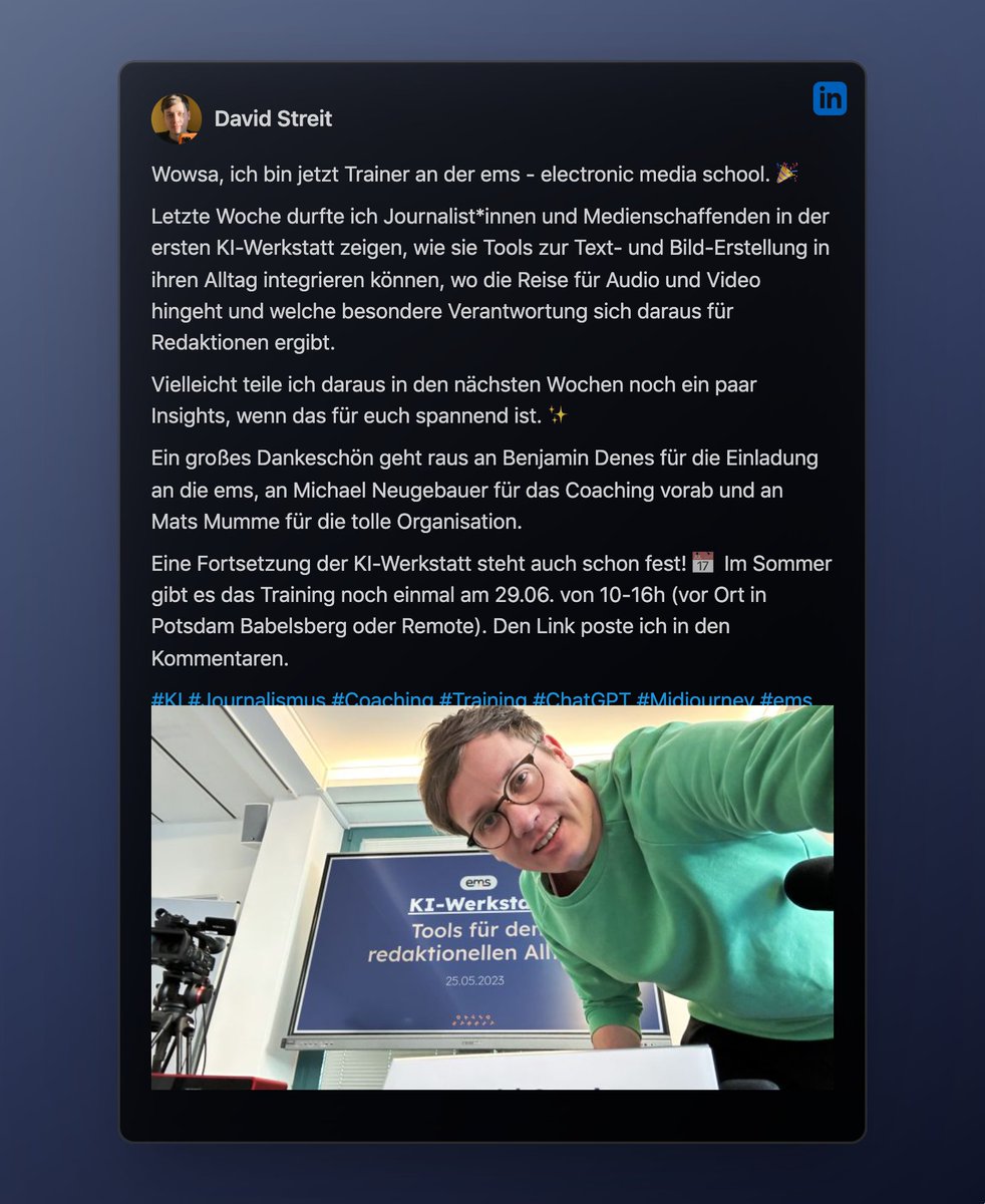 Premiere an der <a href="/emsMedienschule/">ems Medienschule</a>: @DaviidStreit hat unsere erste KI-Werkstatt geleitet. Das Feedback war spitze: für die Tools, die Übungen und für Davids Expertise. Die nächste Werkstatt gibts am 29. Juni. Und: Der Kurs wird Teil unseres Volontariats &amp; des Volo-Boosters.