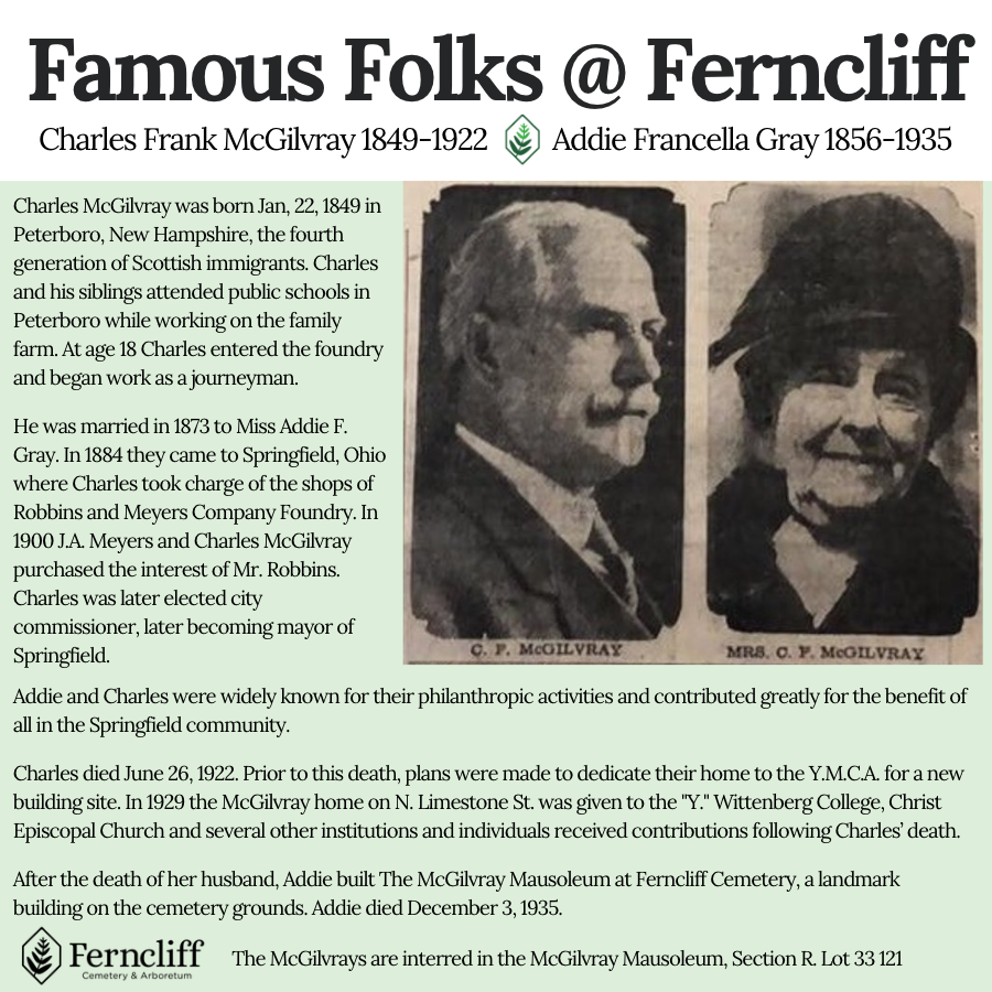 FerncliffOhio's tweet photo. Famous Folks @ Ferncliff - Charles &amp; Addie McGilvray -- The McGilvrays were widely known for their philanthropic activities, and contributed greatly for the benefit of all in the Springfield community. https://t.co/JGvJaHSpIi