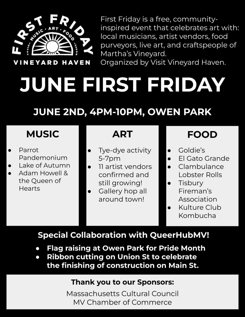 mvychamber's tweet photo. Vineyard Haven's FIRST FRIDAY of the Summer season is this week! Food, art, music, fun for the whole family! https://t.co/YE3N4UcI5l
