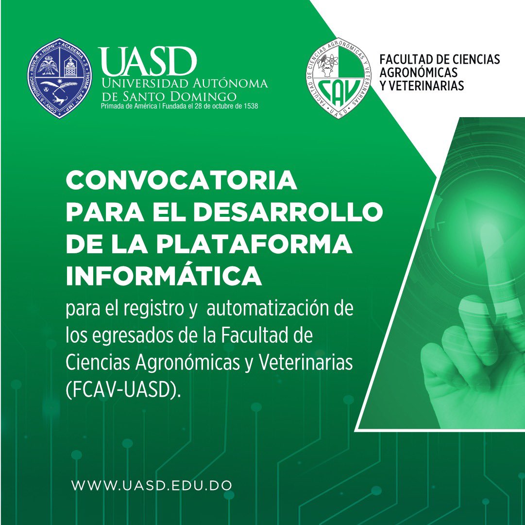 UniversidadUASD's tweet photo. ¡Aplica hasta el próximo 15 de junio!
Convocatoria para el desarrollo de plataforma informática para egresados de la Facultad de Ciencias Agronómicas y Veterinarias, auspiciada por la USAID.
Conoce los detalles de cómo participar en https://t.co/XZQZaKMrGx
#FCAV
#Fagrovet https://t.co/8knYrgffXG