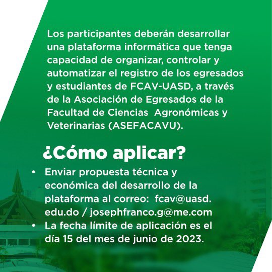 UniversidadUASD's tweet photo. ¡Aplica hasta el próximo 15 de junio!
Convocatoria para el desarrollo de plataforma informática para egresados de la Facultad de Ciencias Agronómicas y Veterinarias, auspiciada por la USAID.
Conoce los detalles de cómo participar en https://t.co/XZQZaKMrGx
#FCAV
#Fagrovet https://t.co/8knYrgffXG