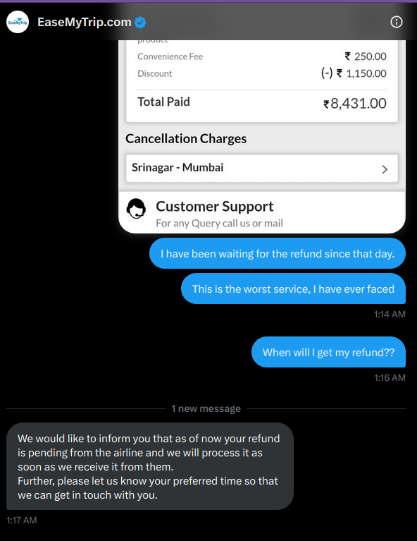 vishchandan007's tweet photo. This response I have been getting for the last 20 days @EaseMyTrip. This is the problem of @GoFirstairways, but I booked my tickets from your platform.  You guys are not taking this matter seriously. Learn some customer policies from @makemytrip and other platforms. https://t.co/qtPMMz9zeO