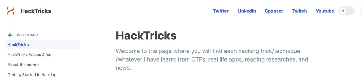 hacktricks_live's tweet image. Are you missing the light theme of HackTricks?
Just click on the toggle button to get it back!

#hacktricks #light #dark