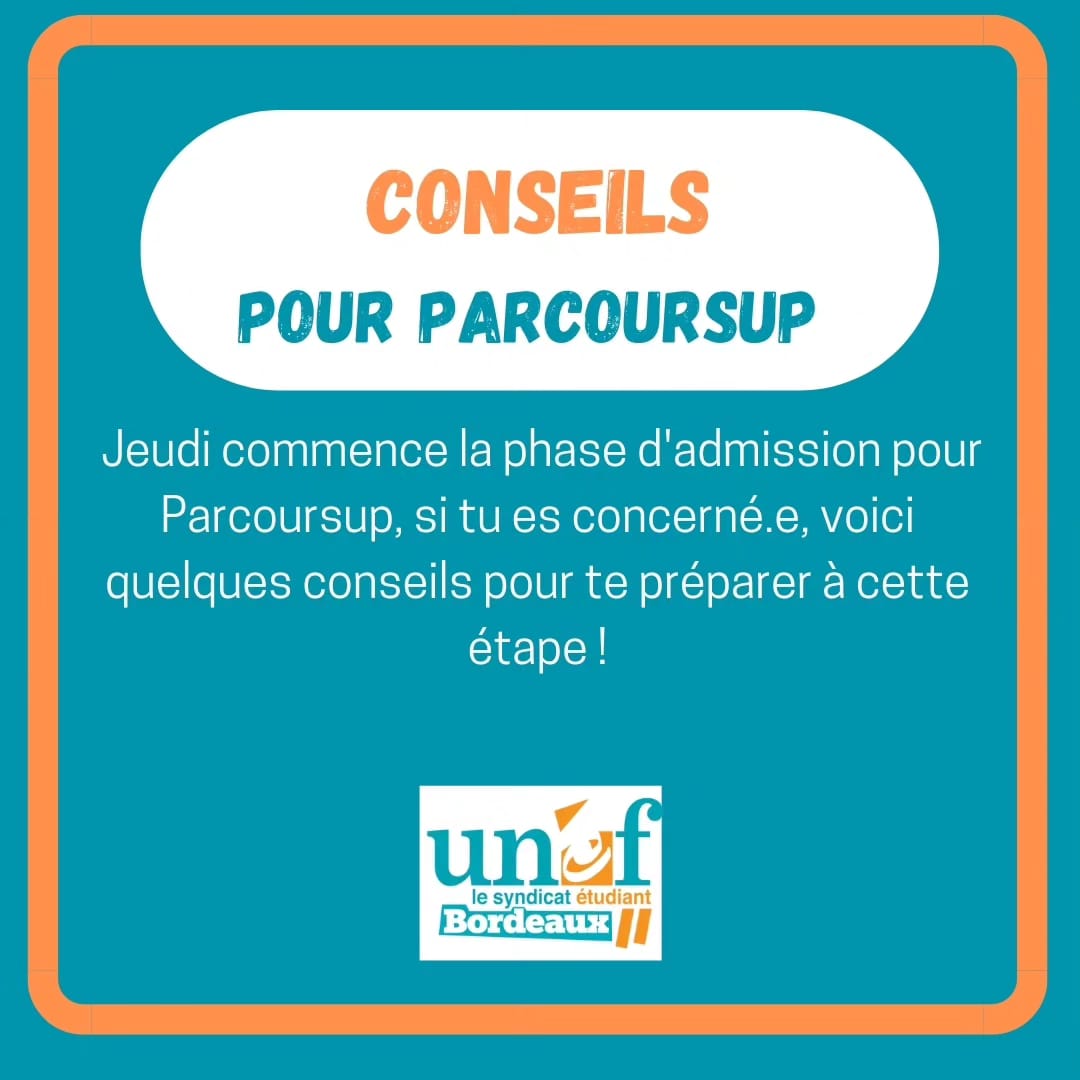 UnefBdx's tweet image. Tu es futur.e étudiant.e : l&apos;UNEF te donne des conseils pour réduire ton stress face à la plateforme de sélection #Parcoursup
Si jamais tu as besoin d&apos;aide concernant #parcoursup2023 et que tu seras #etudiant #etudiante à #bordeaux l&apos;année prochaine, n&apos;hésite pas à nous contacter