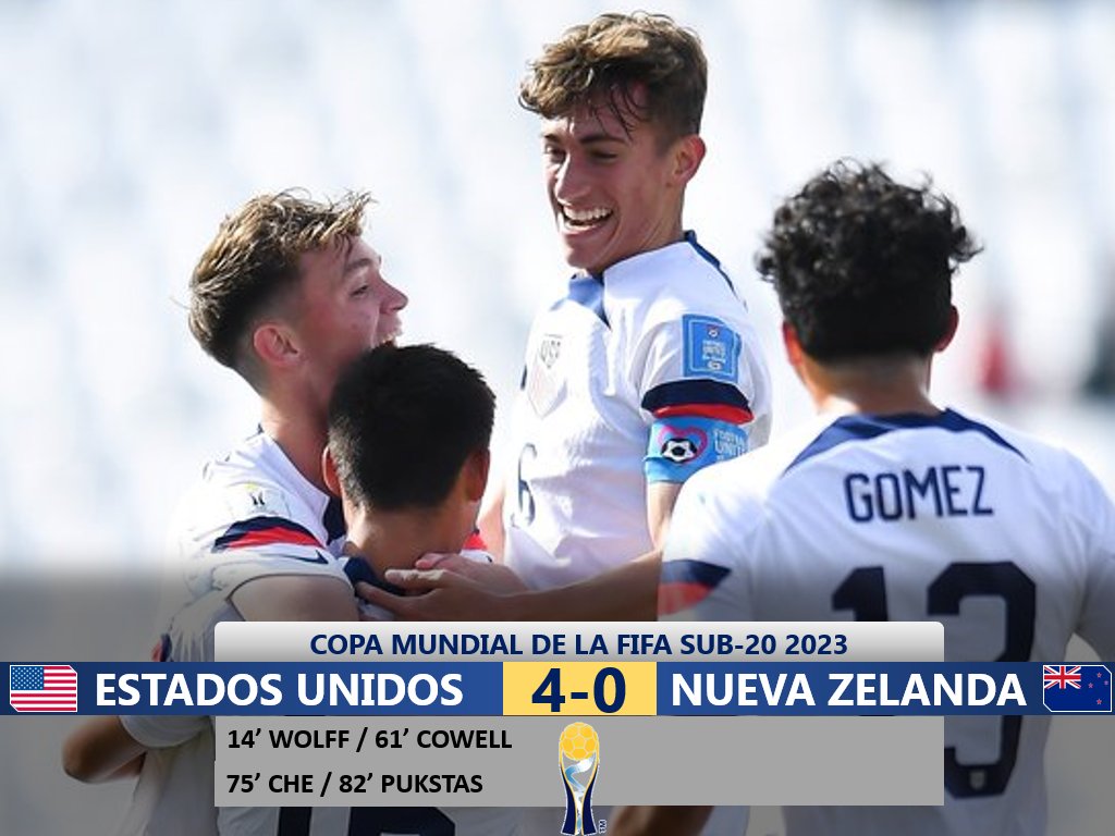 CopaMundo_2026's tweet photo. ☀️ Copa Mundial #Sub20 | Resultados

🇺🇸#EstadosUnidos aplasta 4-0 a 🇳🇿#NuevaZelanda en los Octavos de Final de la #CopadelMundo y avanza a la siguiente ronda sin ningún tipo de complicaciones.

#U20WC https://t.co/BWMvWvkCNG