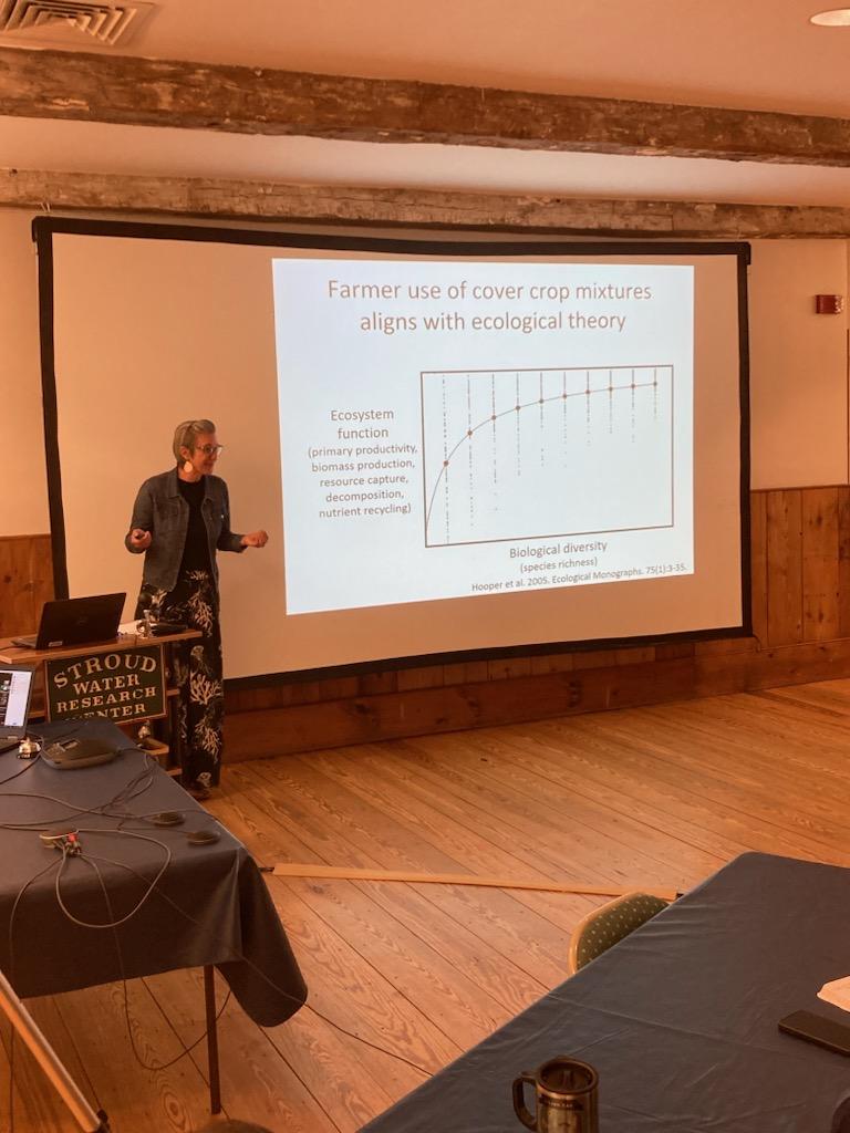 StroudCenter's tweet photo. Our thanks to Denise Finney, Ph.D., for visiting &amp; presenting on research w/ @UrsinusCollege and @penn_state collabs looking at which cover crops offer greatest benefits to farmers &amp; environment.  #sharingscience https://t.co/oXrmnnnySe