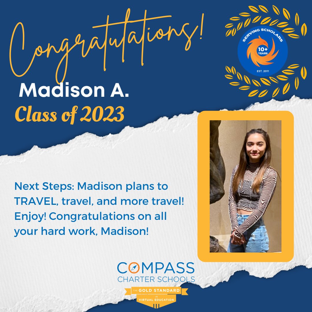 CompassCs's tweet photo. Help us honor Madison! She plans to do lots of traveling upon graduation. We’ll miss you, Madison, and thank you for being an integral part of our #CompassFamily!
#CompassExperience #Classof2023 #NextChapterReady #SeniorSpotlight https://t.co/Pl0coAjxkr