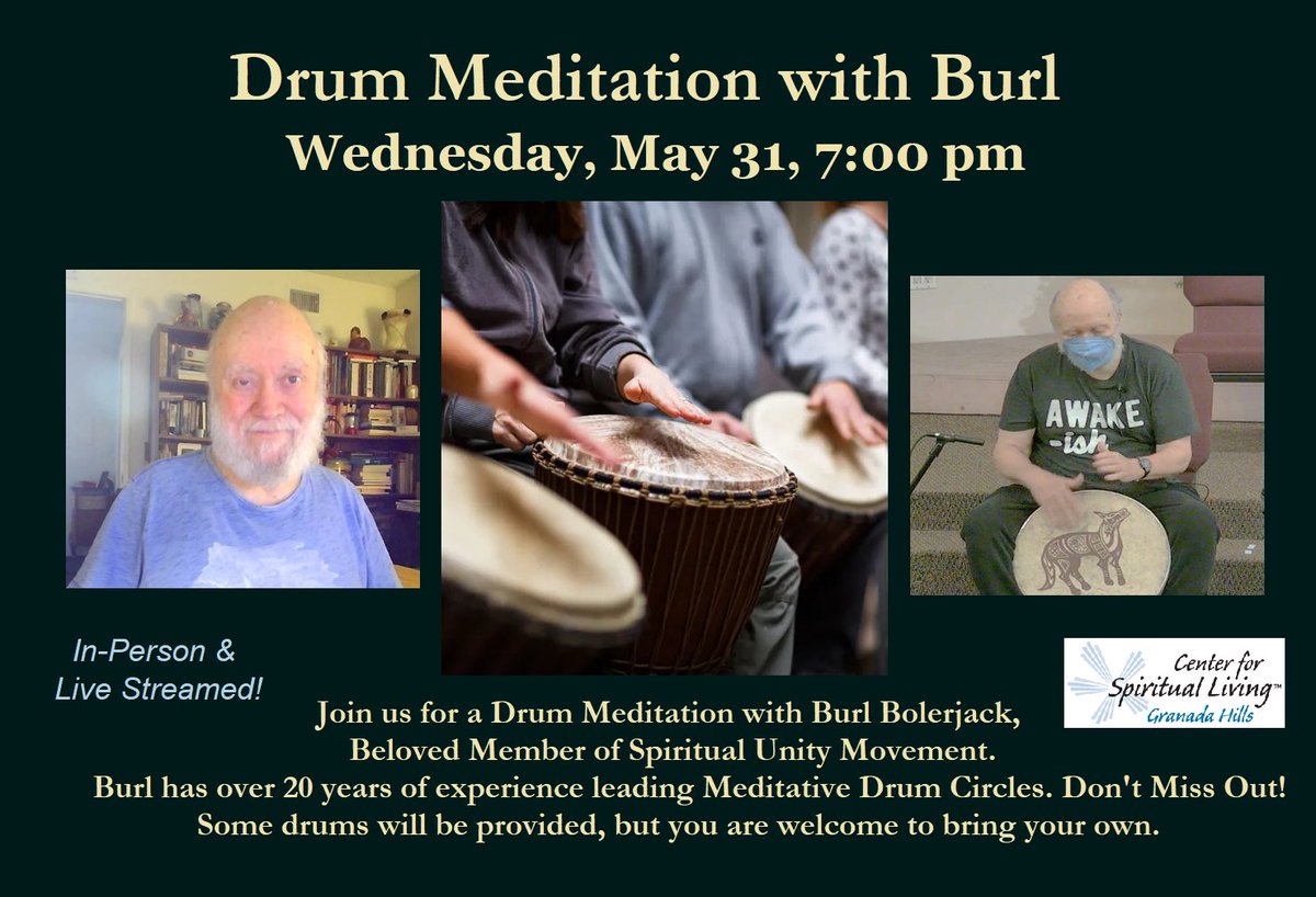 CSLGH's tweet photo. Wed., May 31, 7PM- Every 5th Wednesday- Drum Meditation with Burl Bolerjack. Burl has 20+ years of experience leading Meditative Drum Circles. Some drums will be provided, but you can bring your own. Event will be In-Person & Live Streamed.
#Drums #CSLGH #Meditation https://t.co/zkxKSTF5JA
