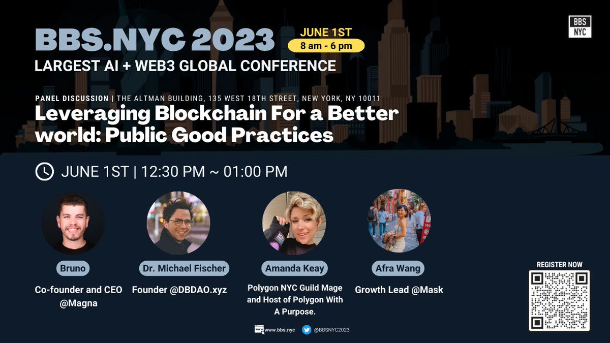 Leveraging Blockchain For a Better World. That's what we are doing at <a href="/0xPolygon/">Polygon | POL</a> 💜

Honored to be on this incredible panel at <a href="/BBSNYC2023/">BBS.NYC</a>, talking about what I LOVE.  
#WAGMI (We're all Gonna Make Impact) 

#blockchainforbetter #socialimpact #web3philanthropy #publicgoods