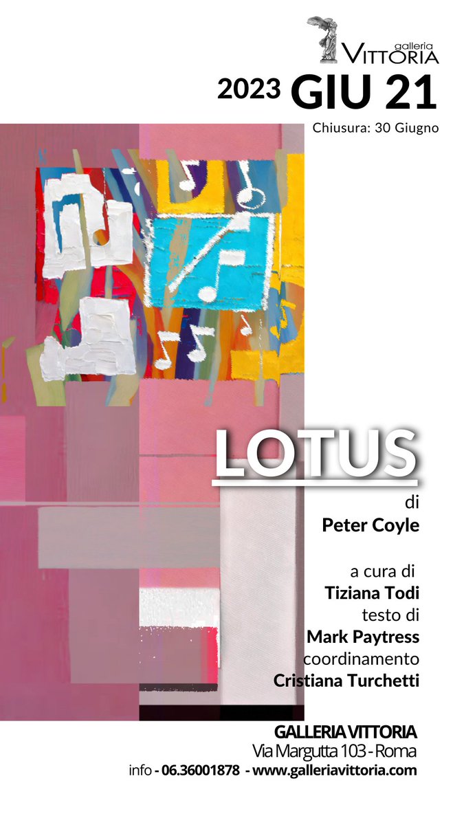 Lotus by Peter Coyle from 21 to 30 June 2023. 
Galleria Vittoria in Rome presents Lotus by Peter Coyle as part of the European Festa della Musica. It’s the first time that Coyle, a successful musician, presents as a visual artist.