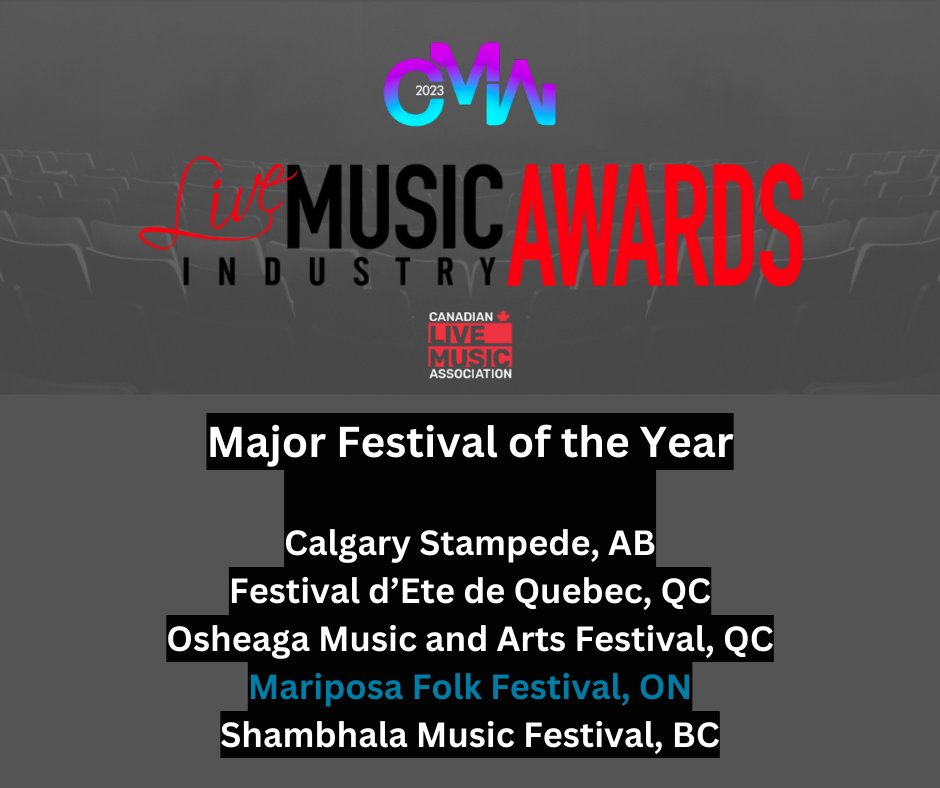 The @mariposafolk Festival is honored to be shortlisted for the 'Major Festival of the Year' award at this year's Canadian Live Music Industry Awards;
presented by @CMW_Week and the @Canadian_Live Music Association.

#ForTheLoveOfLIVE #musicfestival #CMW #CLMIA