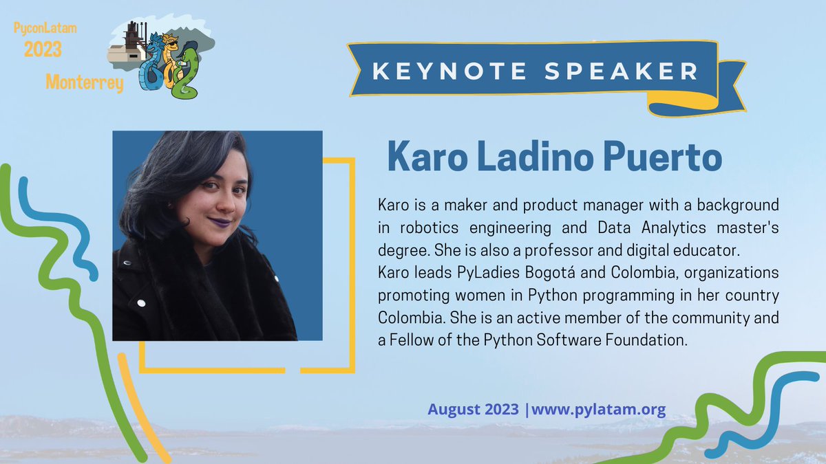 📢 We are excited to announce our second Keynote for #PyConLatam23!🐍🎉🚀

✨Welcoming <a href="/karobotco/">Karobot 💚</a>✨

Karo is a maker and product manager with a background in robotics engineering. She's a Fellow <a href="/ThePSF/">Python Software Foundation</a>, a digital teacher and educator. She also leads PyLadies Bogotá and Colombia.