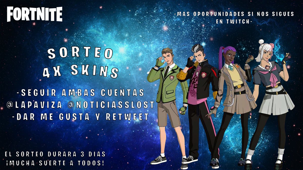 Fortnite Noticias Y Filtraciones ЅŁσѕt🇸🇻 (@noticiasslost) on Twitter photo Sorteo de 4 skins de campeones de academia! Requisitos:
Dar follow: <a href="/NoticiasSlost/">Fortnite Noticias Y Filtraciones ЅŁσѕt🇸🇻</a>
Y <a href="/LaPaviza/">Sentinel | Sorteos y Noticias</a>
Dale Me Gusta y RT❤️
Durará 4 días, si ya tienes la skin puedes elegir otra cosa de la tienda del mismo valor, mucha suerte a todos❤️
#FortniteChapter4Season2
#FortniteMEGA Sorteo de 4 skins de campeones de academia! Requisitos:
Dar follow: <a href="/NoticiasSlost/">Fortnite Noticias Y Filtraciones ЅŁσѕt🇸🇻</a>
Y <a href="/LaPaviza/">Sentinel | Sorteos y Noticias</a>
Dale Me Gusta y RT❤️
Durará 4 días, si ya tienes la skin puedes elegir otra cosa de la tienda del mismo valor, mucha suerte a todos❤️
#FortniteChapter4Season2
#FortniteMEGA
