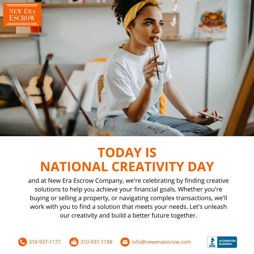 neweraescrow_'s tweet image. Celebrate National Creativity Day with us! 🎨 

At New Era Escrow Company, we're empowering our clients to make their financial dreams come true. 

Let's work together to find innovative solutions that meet your needs and shape a better future. 

#ThinkCreatively #FinancialGoals